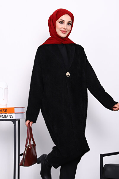 İmajButik Black Single Button Angora Soft Knit Cardigan