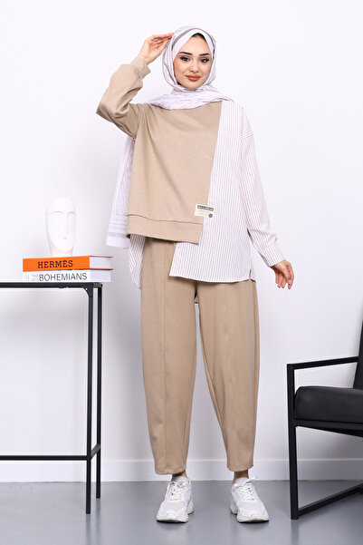 İmajButik Biskuit Paneled Tunic Striped Set with Trousers