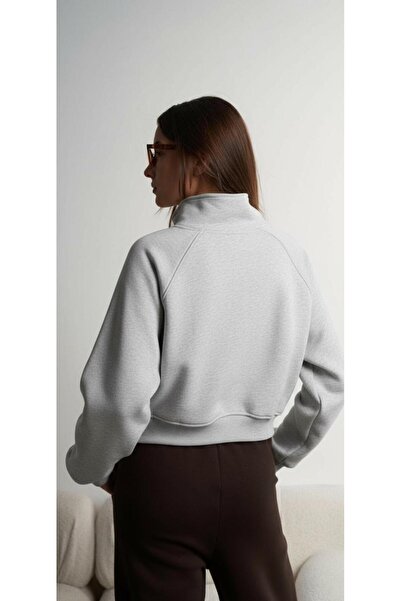 MİLANRA Hanorac crop cu jumătate de fermoar Dikyaka pentru femei, cu detaliu cu mâneci raglan tricou