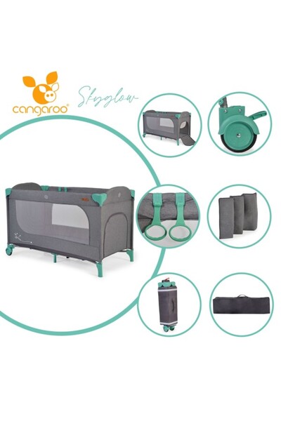 Cangaroo Patut Pliabil cu Roti pentru Bebelusi, SkyGlow 1 Mint, Deschidere la...