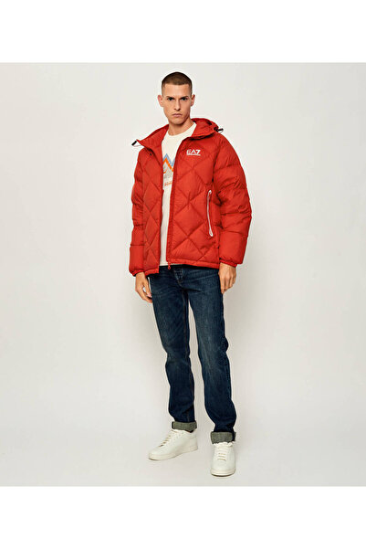 EA7 Men's Quilted Hooded Water Repellent and Breathable Fabric Duck down Filled Red Jacket 7m00