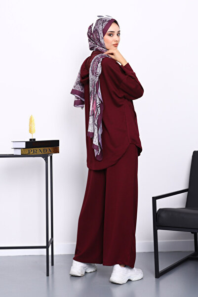 İmajButik Plum-Colored Short-Front Long-Back Tunic Pants Set