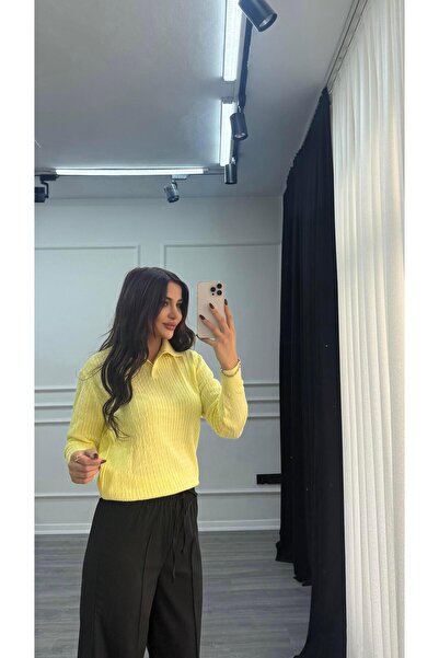 Daves Yellow Polo Buttoned Collar Long Sleeve Knit Sweater