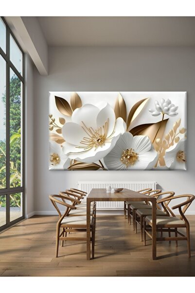 KanvasSepeti FLORĂ DETALIATĂ ÎN AUR ALB - Pictură în ulei Texturată Pânză de ...