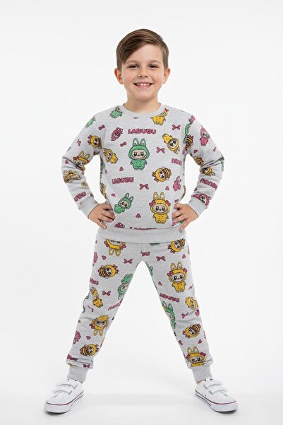 NEWKİDS Patterned Transitional 2 Thread Ş Fleece-Lined Unisex Children's Tracksuit Set (1 Size Larger Can Be Chosen)