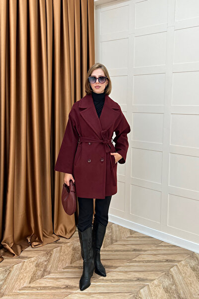 Stilife Nuve Premium Kuşaklı Kaban Bordo