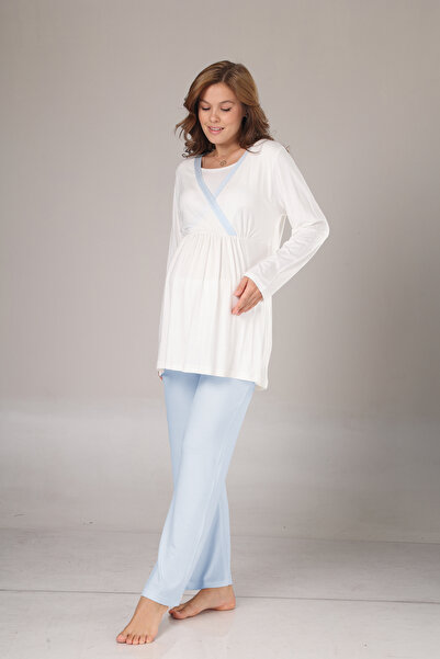 Lohusa Homewear Kadın Mavi Kışlık Özel Tasarım Lohusa Hamile Sabahlık Pijama Takımı 3'lü Set