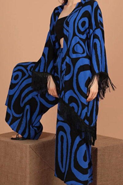 ESSFASIHON Set de pantaloni cu model geomatric Kimino cu talie elastică și buzunare laterale