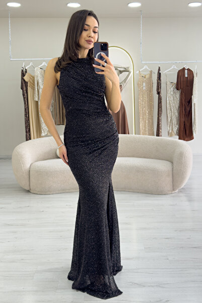 zks grup tekstil Women's Embroidered Halter Neck D Draped Y Slit Evening Dress Gold, Burgundy, Black, Navy Blue, Silver,