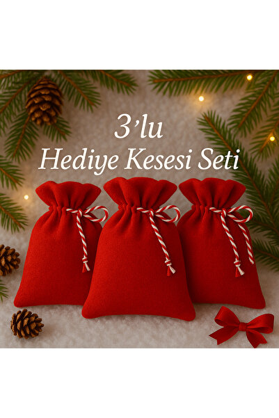 ALASEREN Yılbaşı Bez Poşet/Yeni Yıl İçin Kadife Dokulu 3’lü Hediye Kesesi (17...