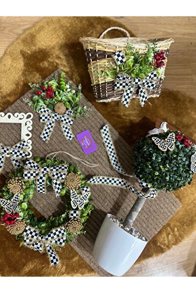 Marrone Yılbaşı Konsept 5'li Tam Set Kapı Süsü Priz Çerçevesi 50 cm Şimşir Ağaç Paspas Sepet