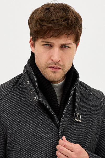 Frappoli Maxi Ανδρικό Παλτό Μαύρο-Γκρι Κασετέντο Χοντρό Παλτό με Ριμπάνα Κολάρο Standard Fit