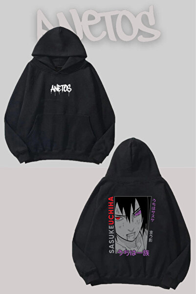 Anetos Sasuke Uchiha 4 Sırt cu imprimeu Negru cu glugă Swea tricou