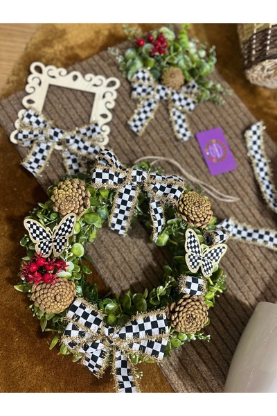 Marrone Yılbaşı Konsept 5'li Tam Set Kapı Süsü Priz Çerçevesi 50 cm Şimşir Ağaç Paspas Sepet