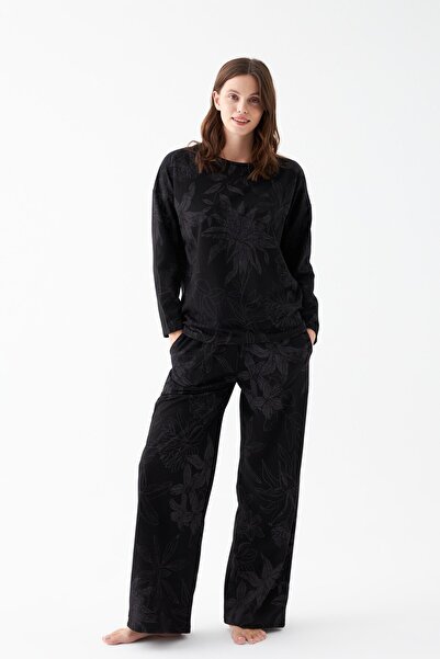 Akbeniz Women's Oversized Black Floral Pattern Cotton Thick Pajamas Set