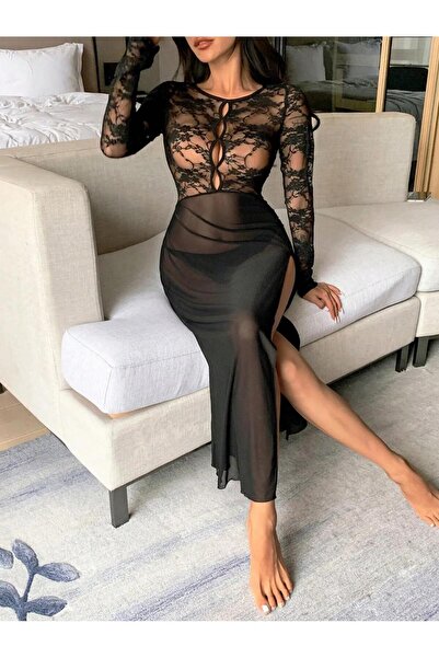 SiaLess Lingerie Kadın Siyah Dantel Uzun Kollu Etekli Gecelik