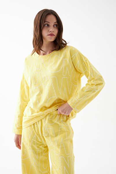 Akbeniz Women's Oversized Yellow Patterned Cotton Thick Pajamas Set
