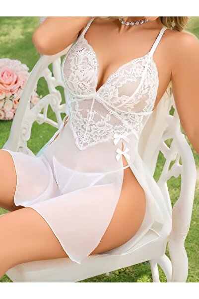 SİA LESS Women's Fancy Nightgown White Tulle Skirted Open Fancy Lingerie