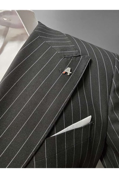 4akc PREMİUM ERKEK KRUVAZE ÇİZGİLİ METAL DÜĞME SİYAH TAKIM ELBİSE