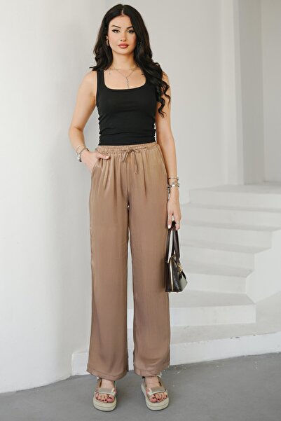 Hisleria High Waist Lace-Up Pocketed Satin Trousers - Brown