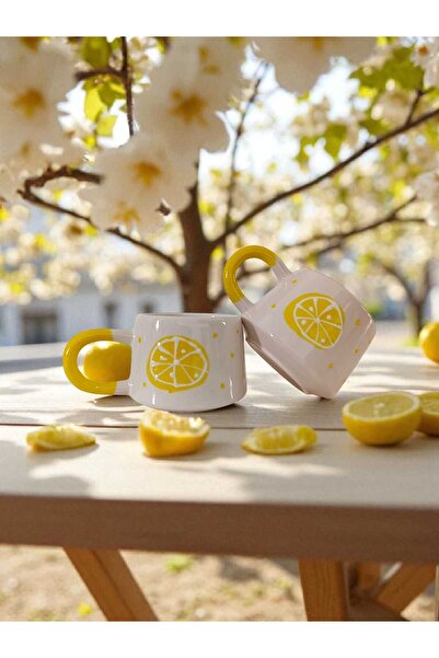 aktas seramik 🍋 Limon Desenli El Çizimi Seramik Kupa Bardak Hediyelik