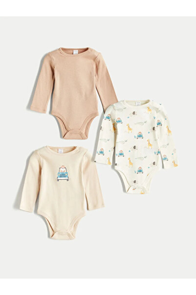 LC Waikiki Printed Girls' Long Sleeve Baby Boy Snap Bodysuit 3-Pack