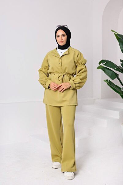 onlymoon Yeşil Scuba Kumaş Tesettür Alt Üst Takım – Yüksek Bel Çift Cepli Pantolon & Çıtçıt Yaka Üst