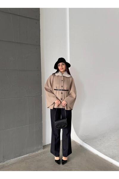 maf collection Women's Beige Collar Button and Belt Detail Poncho