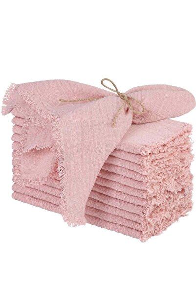 Generic Cotton Linen Cloth Napkins, 12 Pcs, 17 x 17" Dusty Pink (Handmade Fringe)