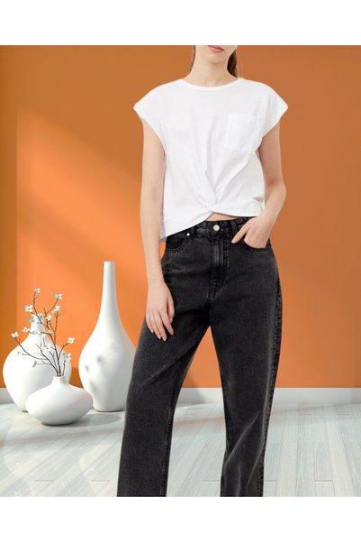 MinervaXint Women's Crew Neck Regular Fit Knitted Cotton T-Shirt with Drawstring Detail on the Front and Chest Pocket Detail