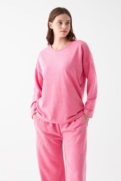 Akbeniz Women's Oversized Pink Polka Dot Cotton Thick Pajamas Set