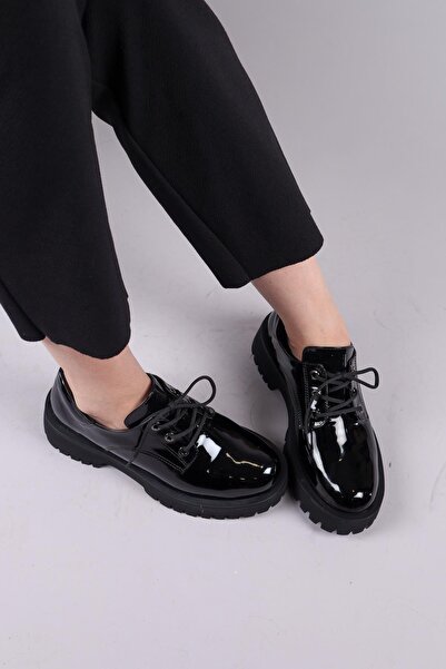 Birikon BAVİL Bağcıklı Rugan Loafer Ayakkabı SİYAH