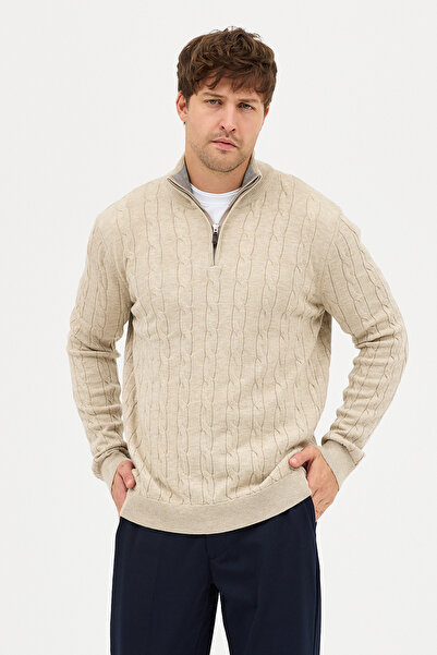 Frappoli Satka Men's Beige Thick Hair Knit Half Zipper Cotton Sweater