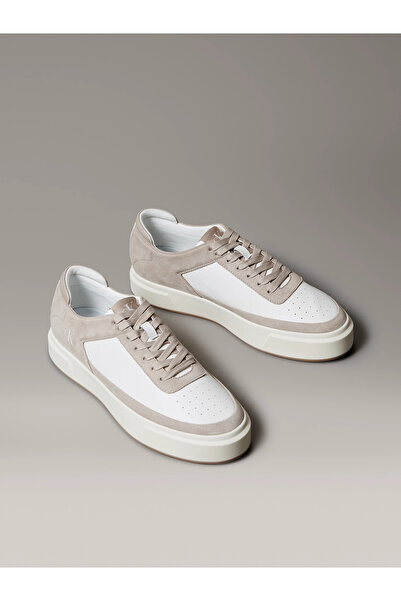 Calvin Klein Men's Low-Top High-Sole Breathable Upper Leather White-Brown Sneaker Ym0Ym01354