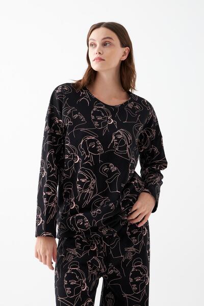 Akbeniz Women's Oversized Black Line Art Patterned Cotton Thick Pajamas Set