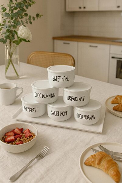 MODA OZY 6-Piece 400ml Acrylic (Plastic) Storage Container Breakfast Set with Melamine Presentation Tray, Transparent with Labels, 7 Pieces