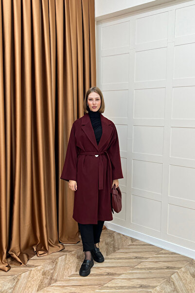 Stilife Yıldız Premium Kumaş Kuşaklı Kaban Bordo