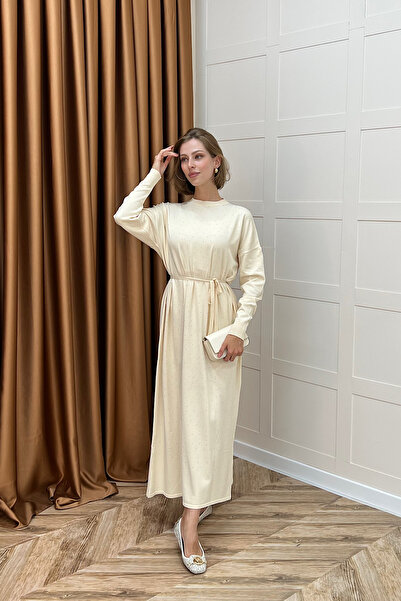 Stilife Κρέμα Φορέματος Πλεκτών Ενδυμάτων Mabel Taşlı