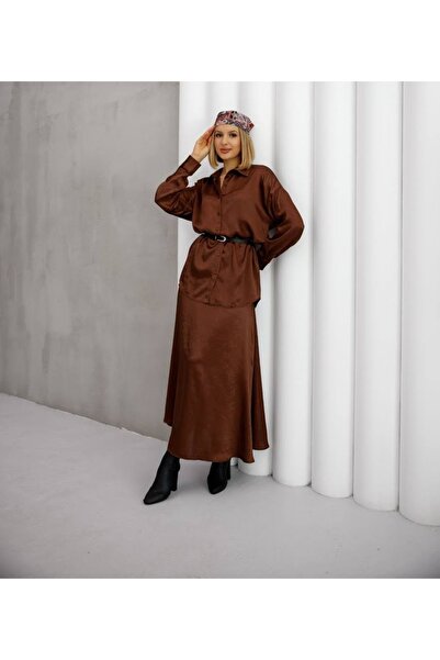 EsSo butik Belted Detailed Classic Shirt Ankle Length Skirt Satin Two-Piece Set