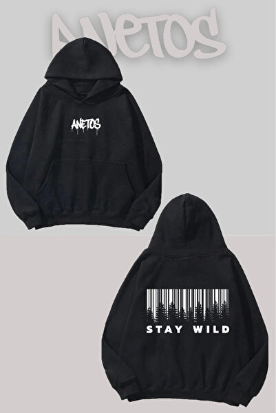 Anetos Stay Wild Rucsac cu imprimeu Negru cu glugă Swea tricou