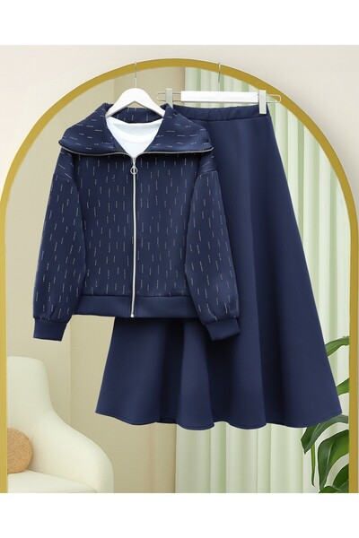 Modamorfo Front Zippered High Neck Stone Detailed Scuba Suit - Navy