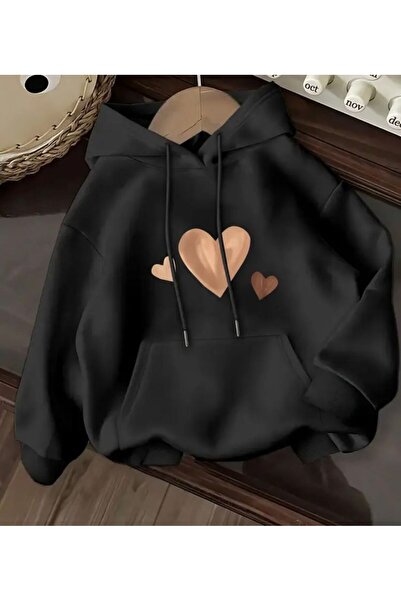 herkesemoda سويت شيرت بقلنسوة بطبعة قلب وتفاصيل داخلية من الصوف