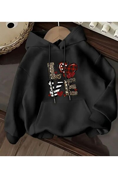 herkesemoda Hanorac K cu glugă cu text Love, cu interior din lână