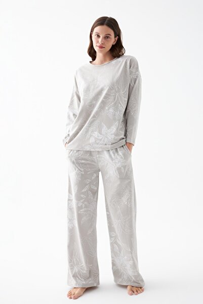 Akbeniz Kadın Oversize Gri Çiçek Desenli Pamuklu Kalın Pijama Takımı