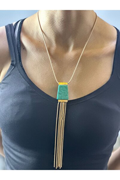 Gönülden Tasarım Turquoise Stone Chain with Tassel Women's Necklace 22 cm