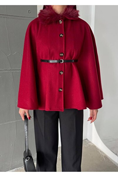 maf collection Women's Red Fur Collar Button and Belt Detail Poncho