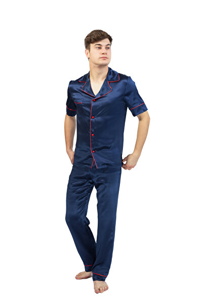 Katerinna Men's long pajamas made of 100% natural mulberry silk. Navy blue