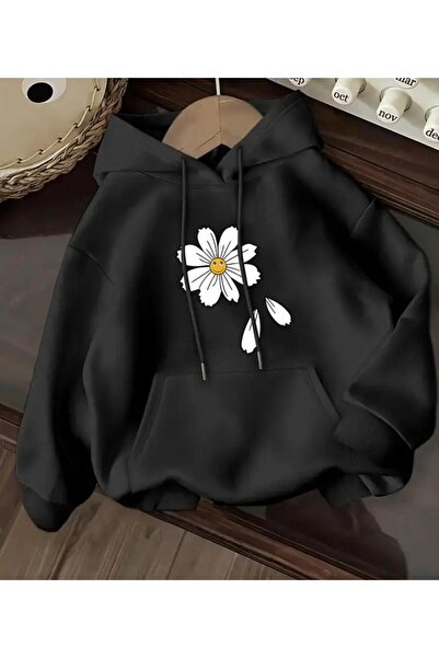 herkesemoda Φούτερ με κουκούλα με λεπτομέρεια στάμπας Daisy και φλις εσωτερικά