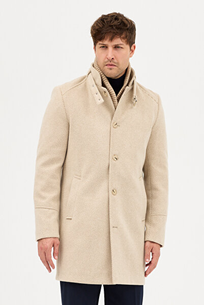 Frappoli Maxi Erkek Koyu Vizon Kaşe Kalın Kaban Palto Çıkma Ribana Yakalı Standart Fit