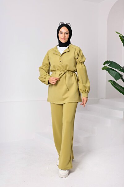 onlymoon Green Scuba Fabric Hijab Bottoms and Tops Set – High Waist Double Pocket Pants & Snap Collar Top